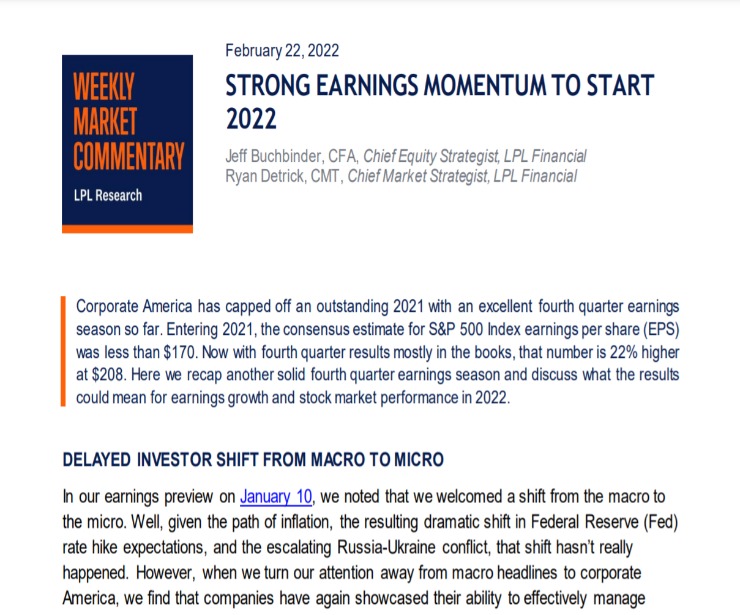 Strong Earnings Momentum to Start 2022 | Weekly Market Commentary | February 22, 2022