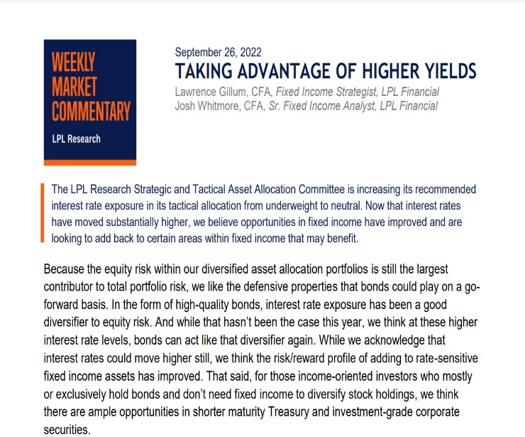 Taking Advantage of Higher Yields | Weekly Market Commentary | September 26, 2022