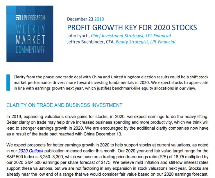 Profit Growth Key for 2020 Stocks | Weekly Market Commentary | December 23, 2019